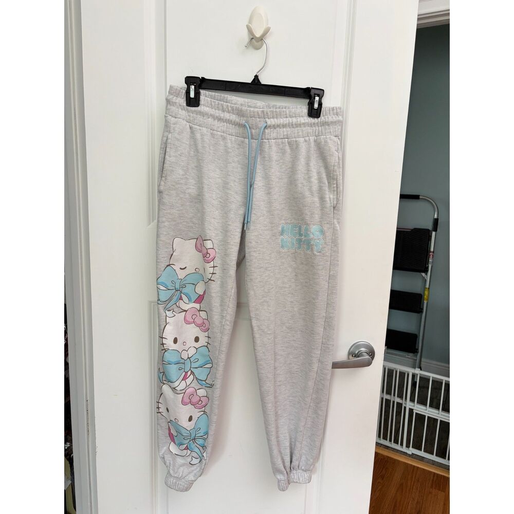 Sanrio Hello Kitty Womens Medium Grey Jogger Sweatpants Character Stack Graphic